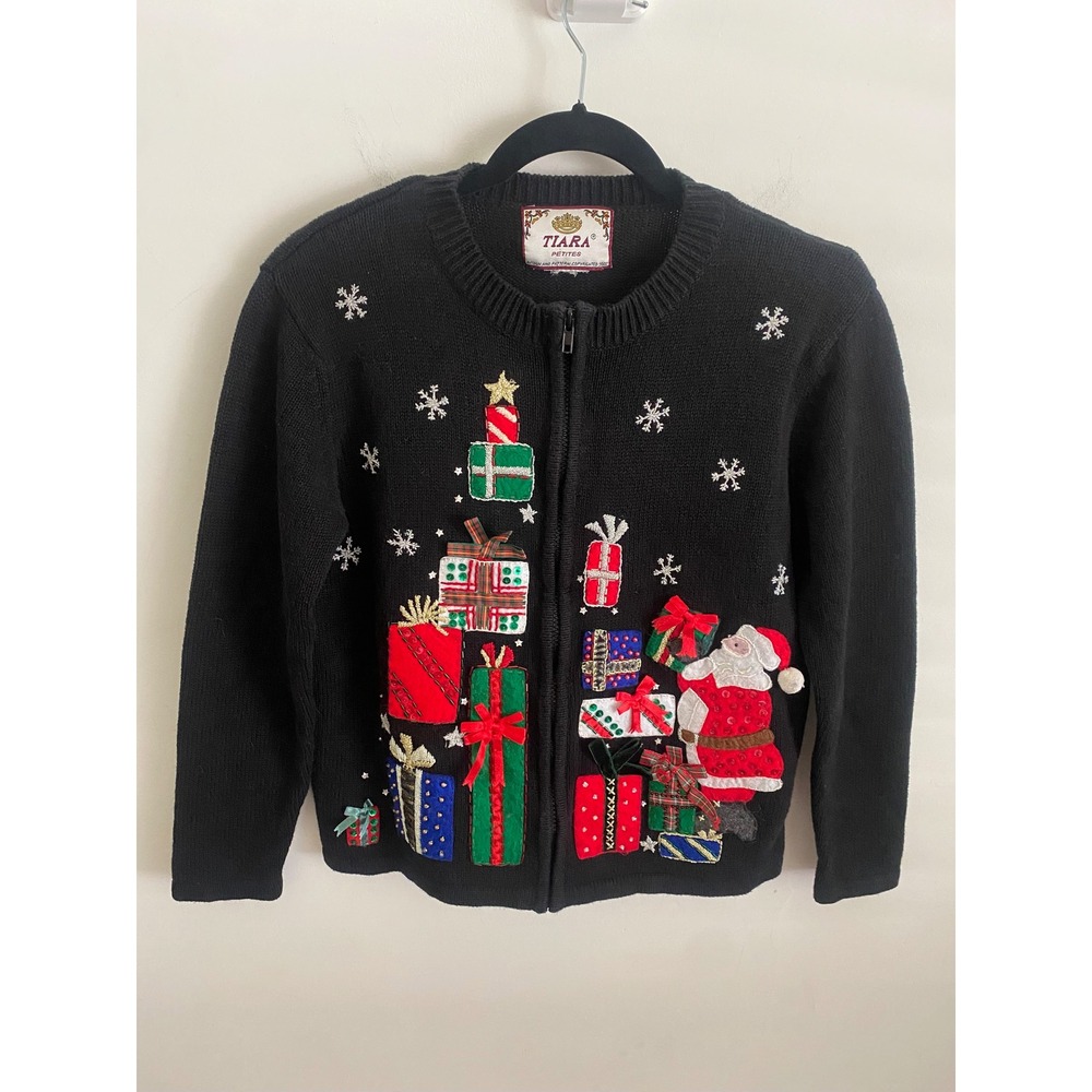 Tiara Petites Vintage Christmas Cardigan Full‎ Zip Santa Presents Sequin Sweater